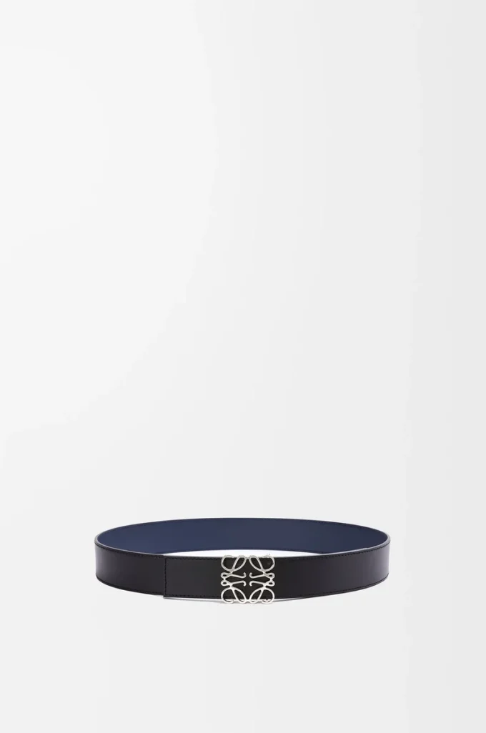 Ceinture réversible Anagram en cuir de veau lisse Océan/Noir/Palladium