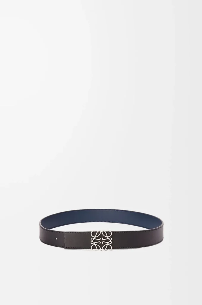 Ceinture réversible Anagram en cuir de veau lisse Océan/Noir/Palladium