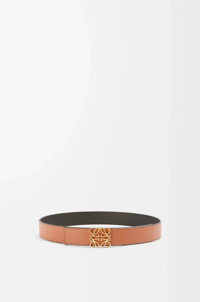 Ceinture réversible Anagram en cuir de veau lisse Tan/Black/Gold