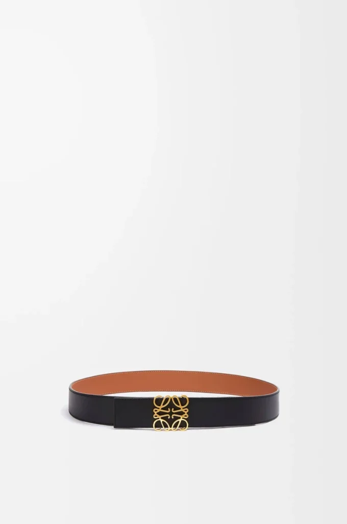 Ceinture réversible Anagram en cuir de veau lisse Tan/Black/Gold