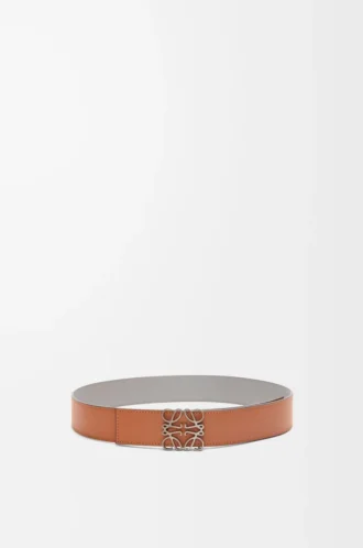 Ceinture réversible Anagram en cuir de veau lisse Tan/Gris asphalte/Étain