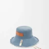 Chapeau de pêcheur effiloché en denim et cuir de veau Denim bleu