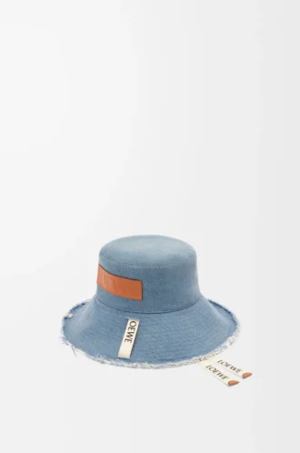 Chapeau de pêcheur effiloché en denim et cuir de veau Denim bleu