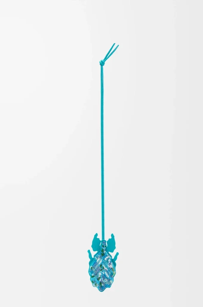 Charm porte-clés insecte feuille en cuir perlé turquoise foncé