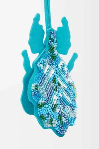 Charm porte-clés insecte feuille en cuir perlé turquoise foncé