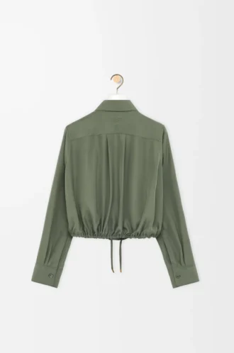 Chemise ballon en soie vert kaki