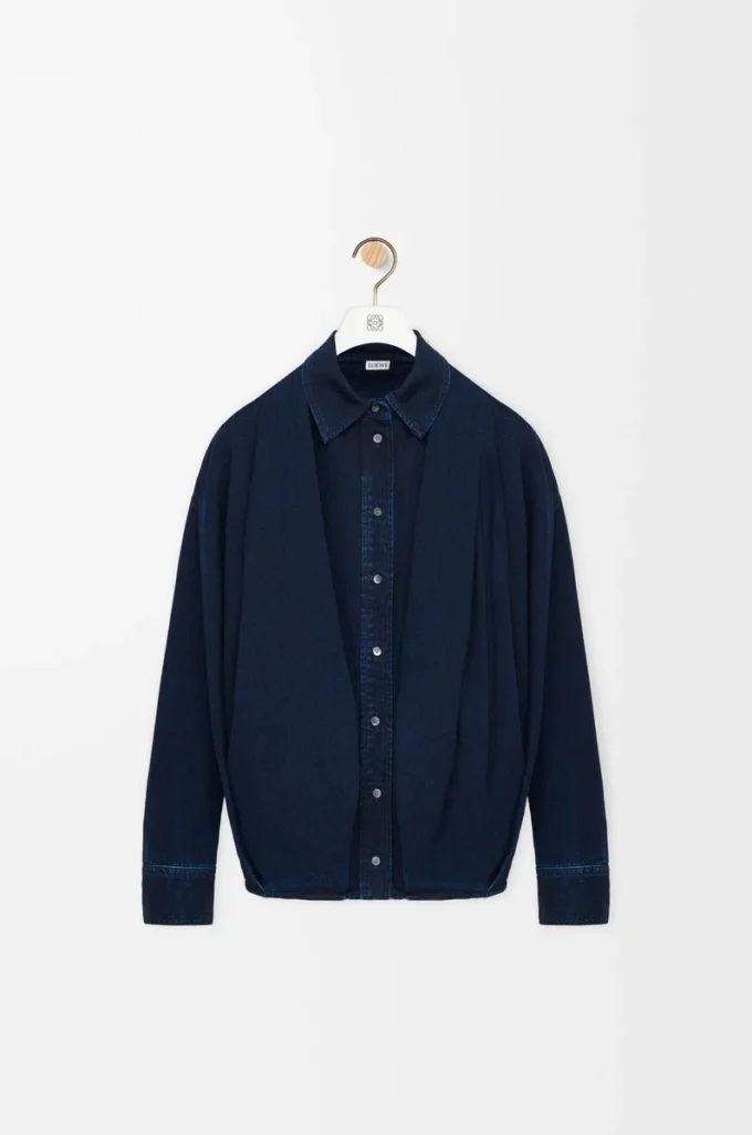 Chemise drapée en denim indigo foncé