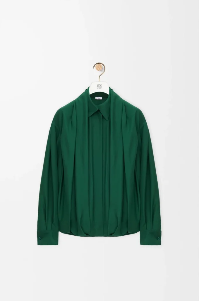 Chemise drapée en soie Vert foncé
