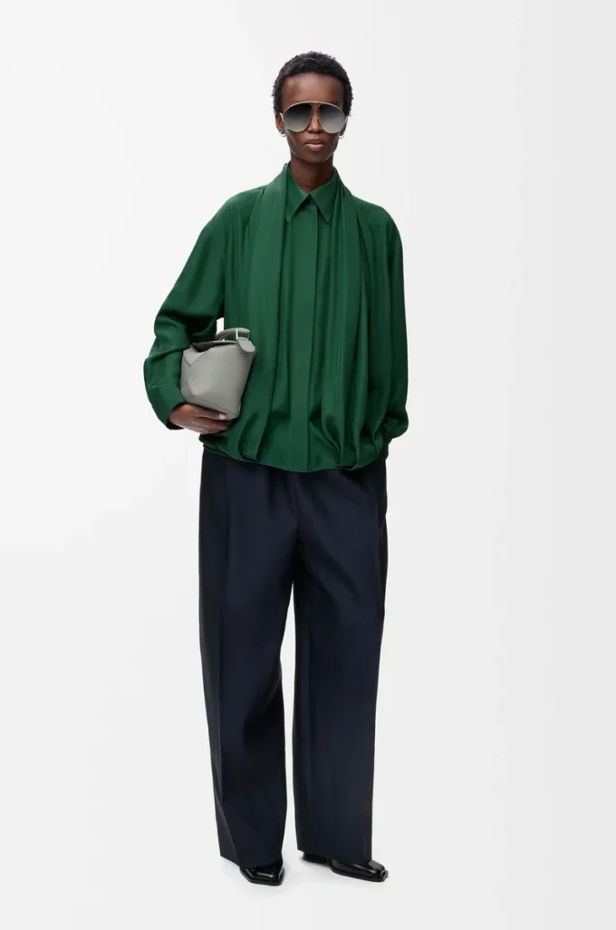 Chemise drapée en soie Vert foncé