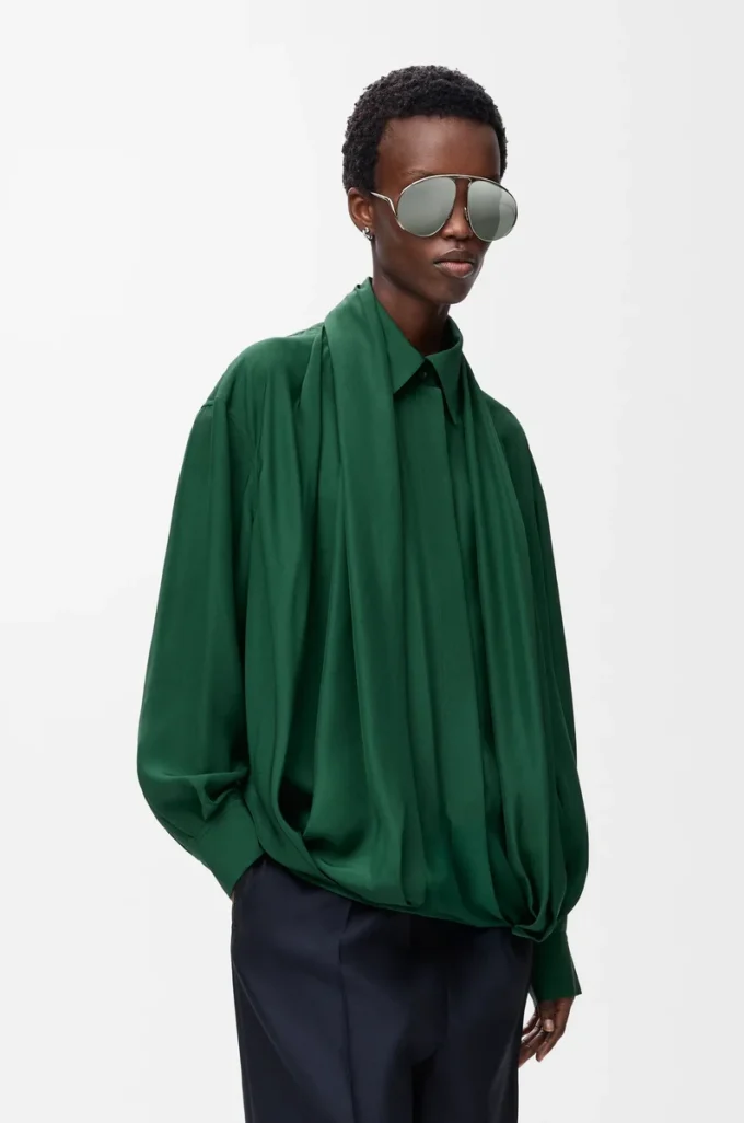 Chemise drapée en soie Vert foncé