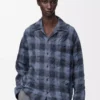 Chemise en laine et coton bleu marine