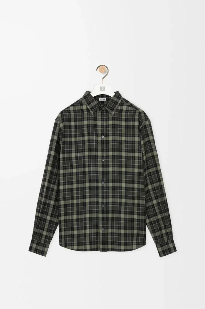 Chemise en laine mélangée kaki/noir
