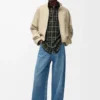 Chemise en laine mélangée kaki/noir
