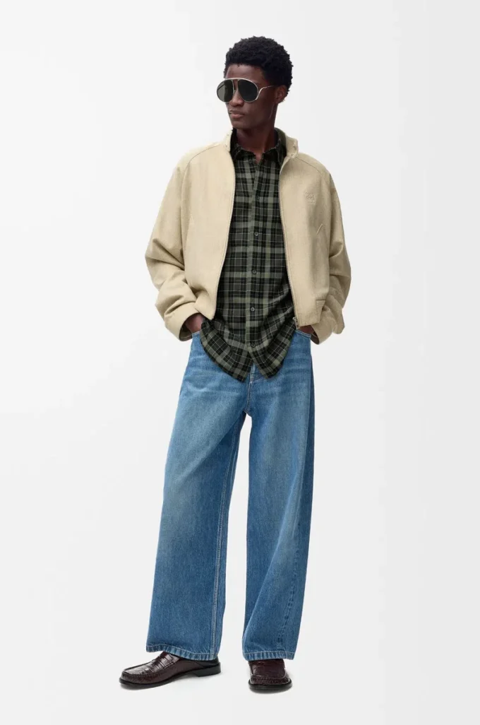 Chemise en laine mélangée kaki/noir