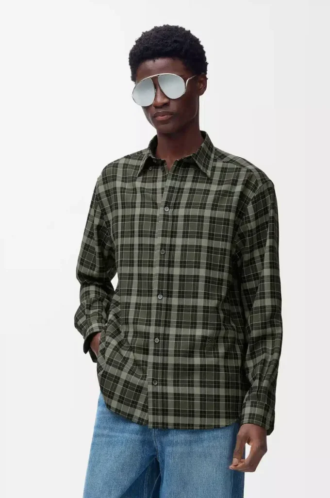 Chemise en laine mélangée kaki/noir