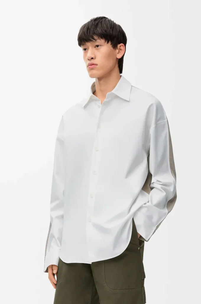 Chemise hybride en coton et laine Blanc/Beige