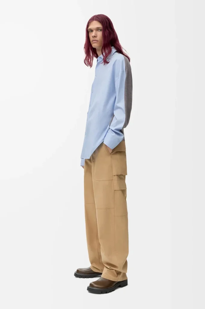 Chemise hybride en coton et laine Bleu clair/Gris