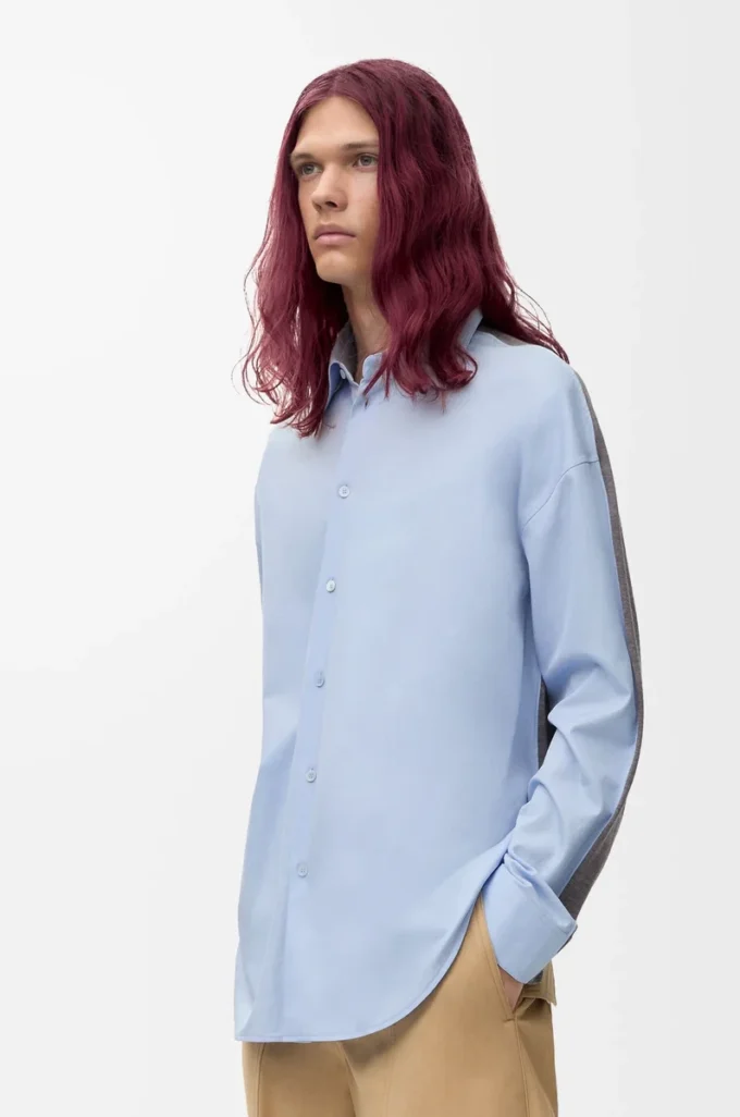 Chemise hybride en coton et laine Bleu clair/Gris