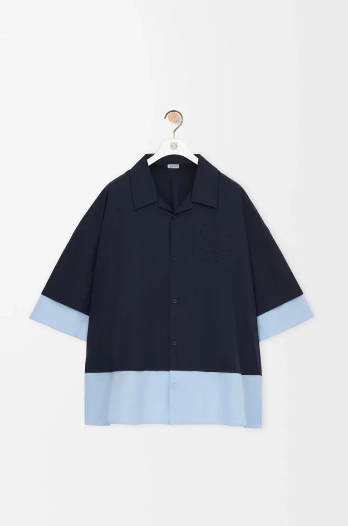 Chemise à manches courtes en coton bleu marine foncé/bleu clair Chemise à manches courtes en coton bleu marine foncé/bleu clair