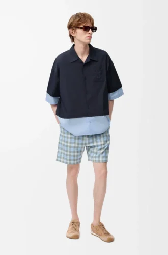 Chemise à manches courtes en coton bleu marine foncé/bleu clair