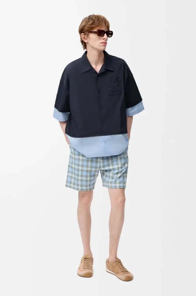 Chemise à manches courtes en coton bleu marine foncé/bleu clair Chemise à manches courtes en coton bleu marine foncé/bleu clair