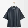 Chemise à manches courtes en cuir d’agneau nappa bleu marine foncé Chemise à manches courtes en cuir d’agneau nappa bleu marine foncé