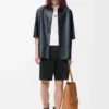 Chemise à manches courtes en cuir d’agneau nappa bleu marine foncé Chemise à manches courtes en cuir d’agneau nappa bleu marine foncé