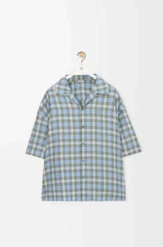 Chemise à manches courtes en laine mélangée bleu clair/blanc