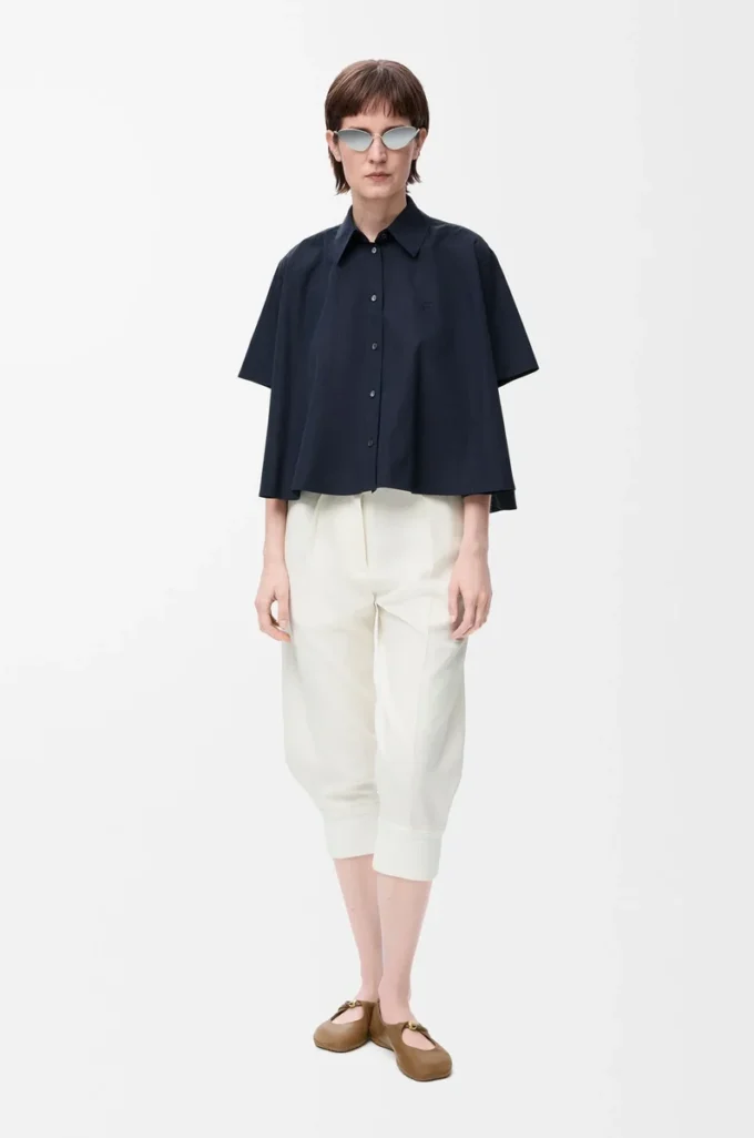 Chemise trapèze à manches courtes en coton bleu marine
