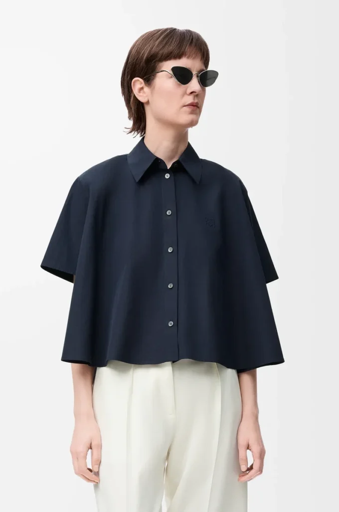 Chemise trapèze à manches courtes en coton bleu marine