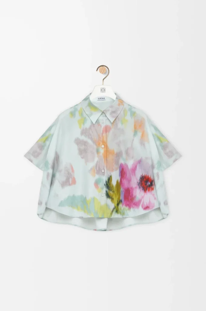 Chemise trapèze à manches courtes en coton et soie Bleu clair/Multicolore