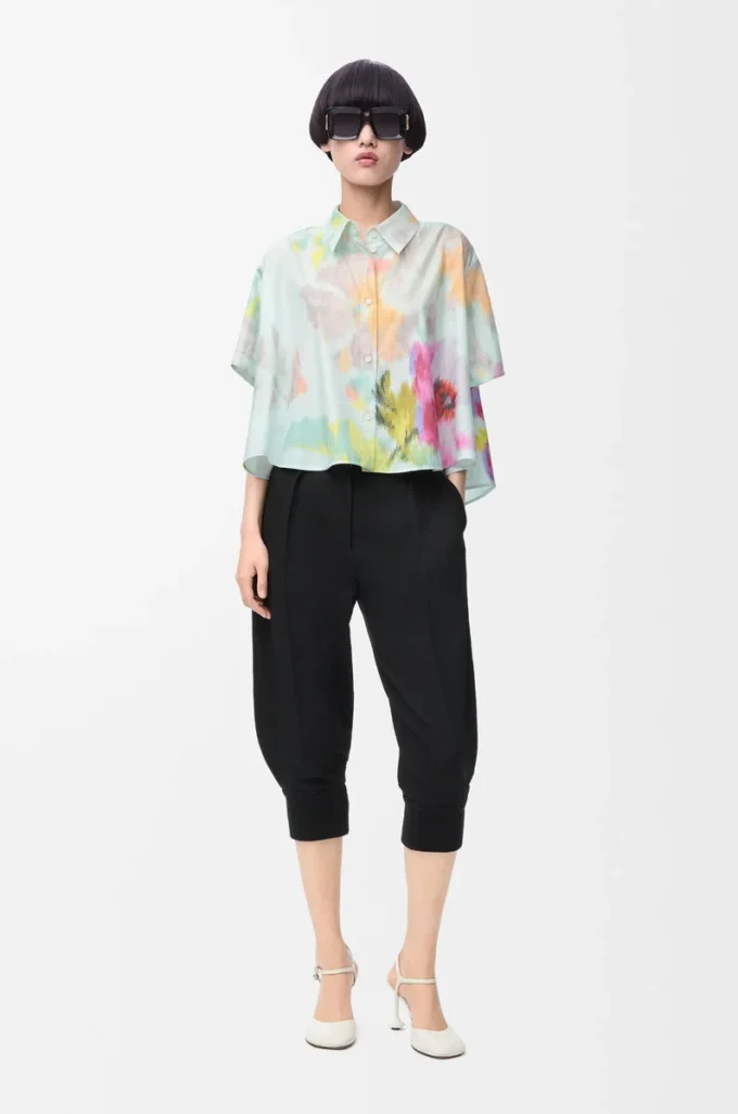 Chemise trapèze à manches courtes en coton et soie Bleu clair/Multicolore