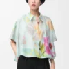 Chemise trapèze à manches courtes en coton et soie Bleu clair/Multicolore