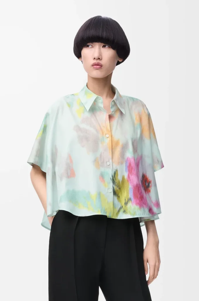 Chemise trapèze à manches courtes en coton et soie Bleu clair/Multicolore