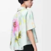 Chemise trapèze à manches courtes en coton et soie Bleu clair/Multicolore