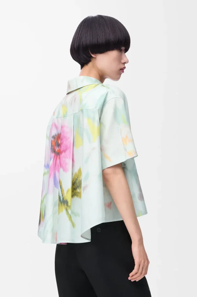 Chemise trapèze à manches courtes en coton et soie Bleu clair/Multicolore