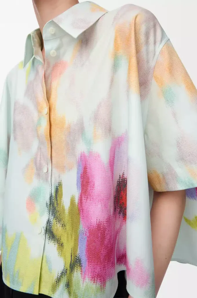 Chemise trapèze à manches courtes en coton et soie Bleu clair/Multicolore