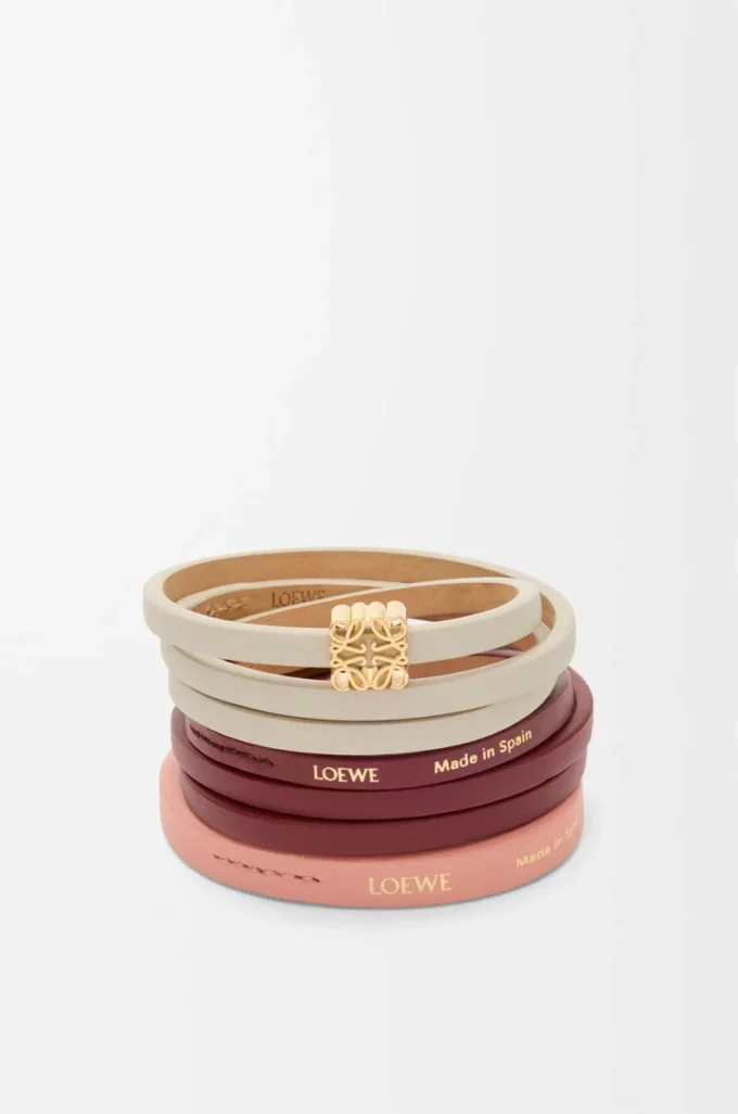 Double bracelet torsadé en cuir de veau Light Ghost/Burgundy