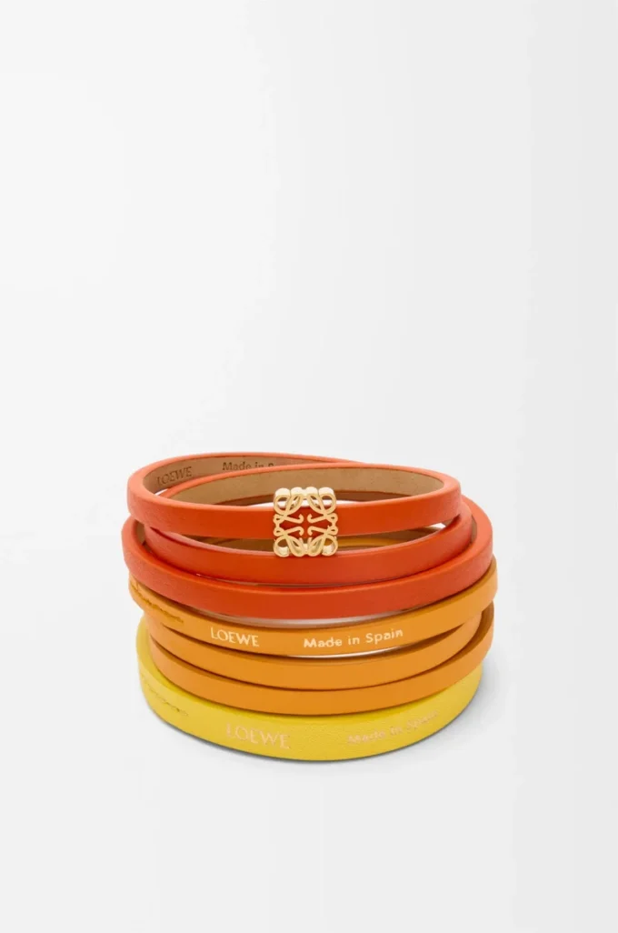 Double bracelet torsadé en cuir de veau Orange vif/Jaune
