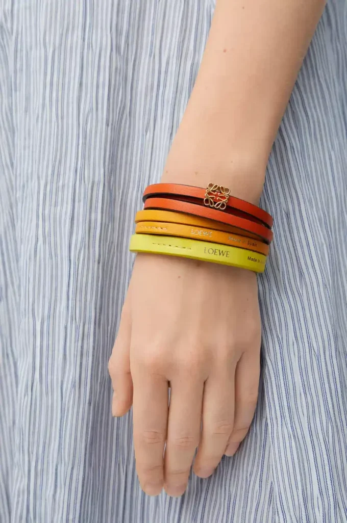Double bracelet torsadé en cuir de veau Orange vif/Jaune