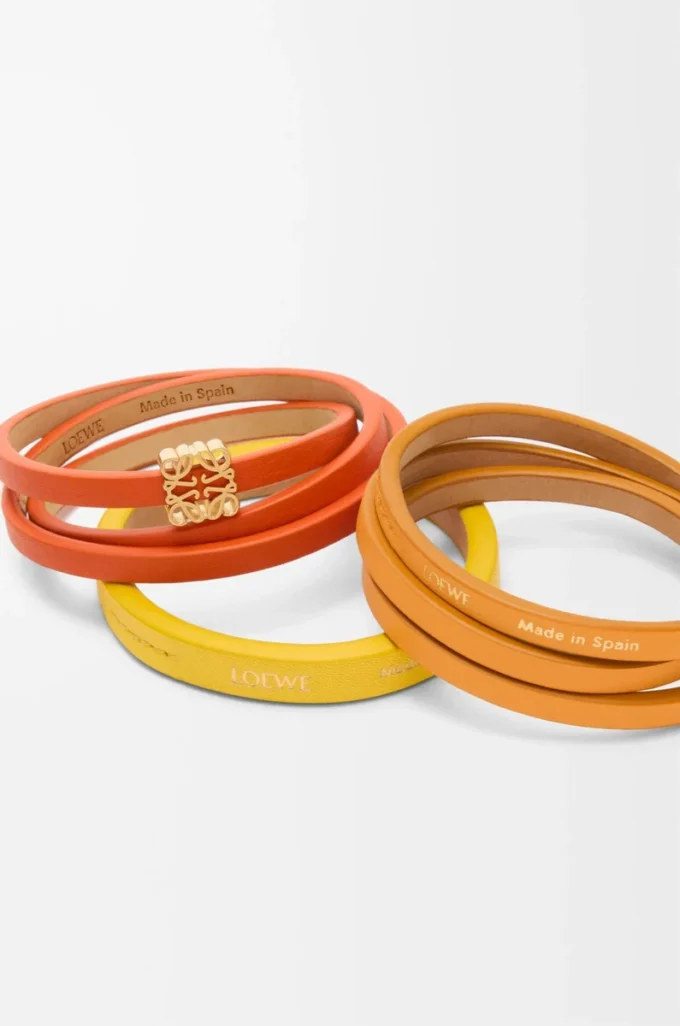 Double bracelet torsadé en cuir de veau Orange vif/Jaune