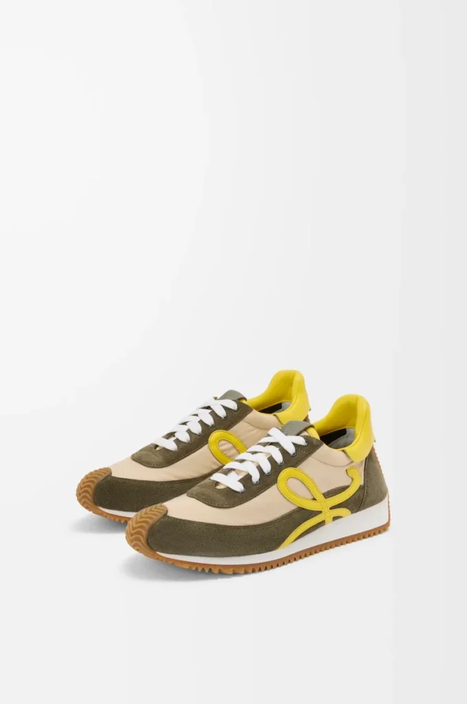 Flow Runner 2.0 en nylon et daim Crème/Jaune/Vert olive