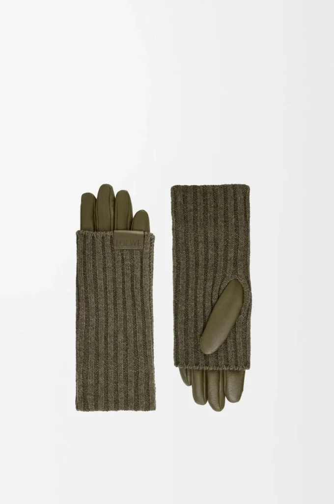 Gants en cachemire et cuir d&rsquo;agneau nappa Kaki foncé