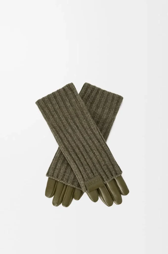 Gants en cachemire et cuir d&rsquo;agneau nappa Kaki foncé