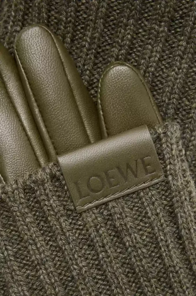 Gants en cachemire et cuir d&rsquo;agneau nappa Kaki foncé