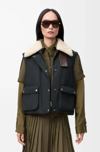 Gilet matelassé en mélange de peau lainée et coton Noir