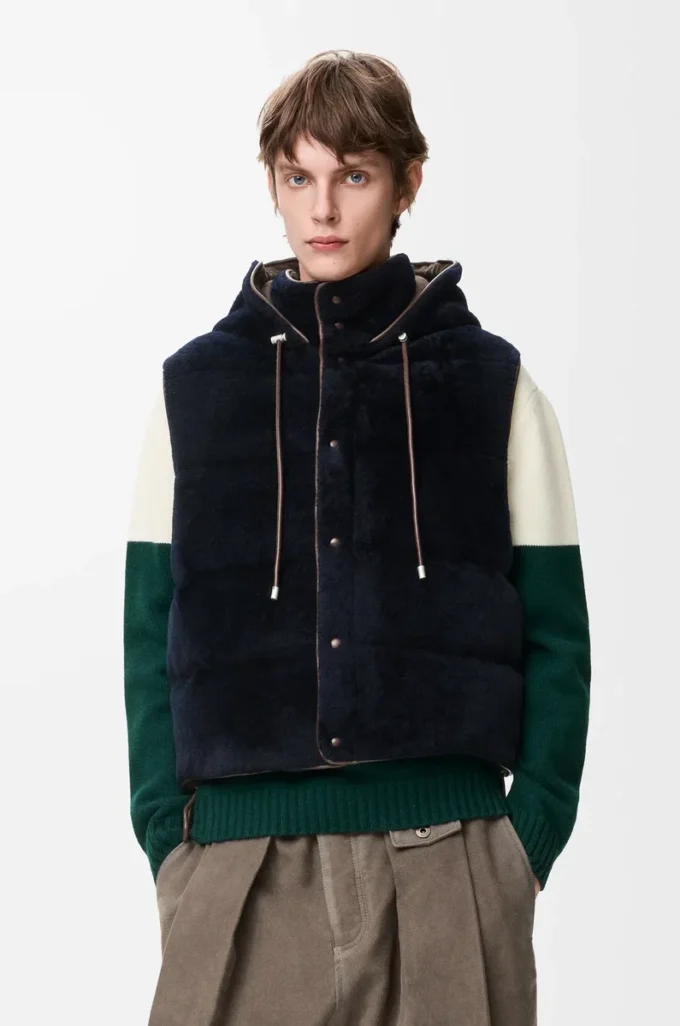 Gilet matelassé en peau lainée Marron/Bleu marine Gilet matelassé en peau lainée Marron/Bleu marine