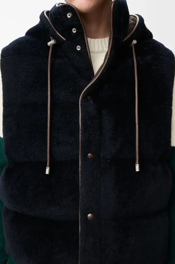 Gilet matelassé en peau lainée Marron/Bleu marine Gilet matelassé en peau lainée Marron/Bleu marine