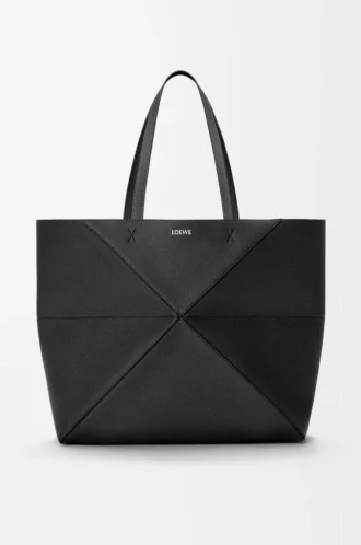 Grand sac fourre-tout Puzzle Fold horizontal en cuir de veau grainé souple Noir