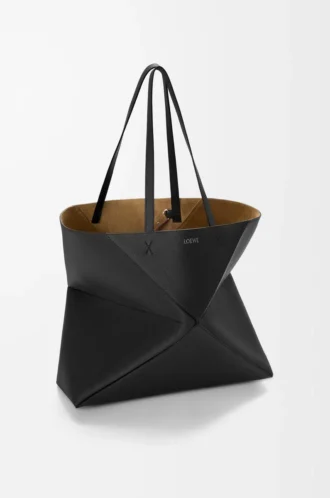 Grand sac fourre-tout Puzzle Fold horizontal en cuir de veau grainé souple Noir